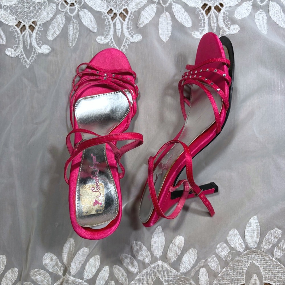 Sarah Jayne Hot Pink Satin Rhinestone Strappy Stiletto Sandals Heels Womens 7.5